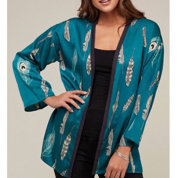 A Southern Hippie Sweaters - Teal Boho Feather Print Kimono Cardigan